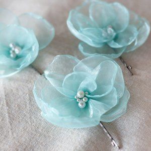 Hairclips with Mint Chiffon & Pearl Flowers (Set of Three)